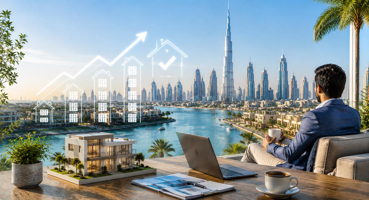 Property owner reviewing Dubai skyline while planning to get the best price for a property sale in Dubai